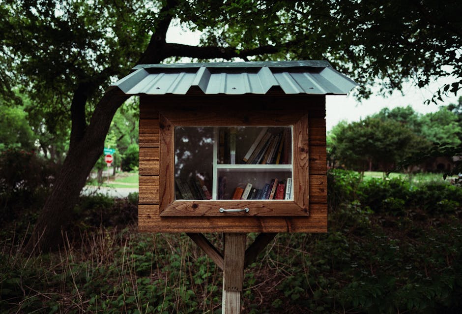 Rustic outdoor little free library surrounded by lush greenery, perfect for community sharing.